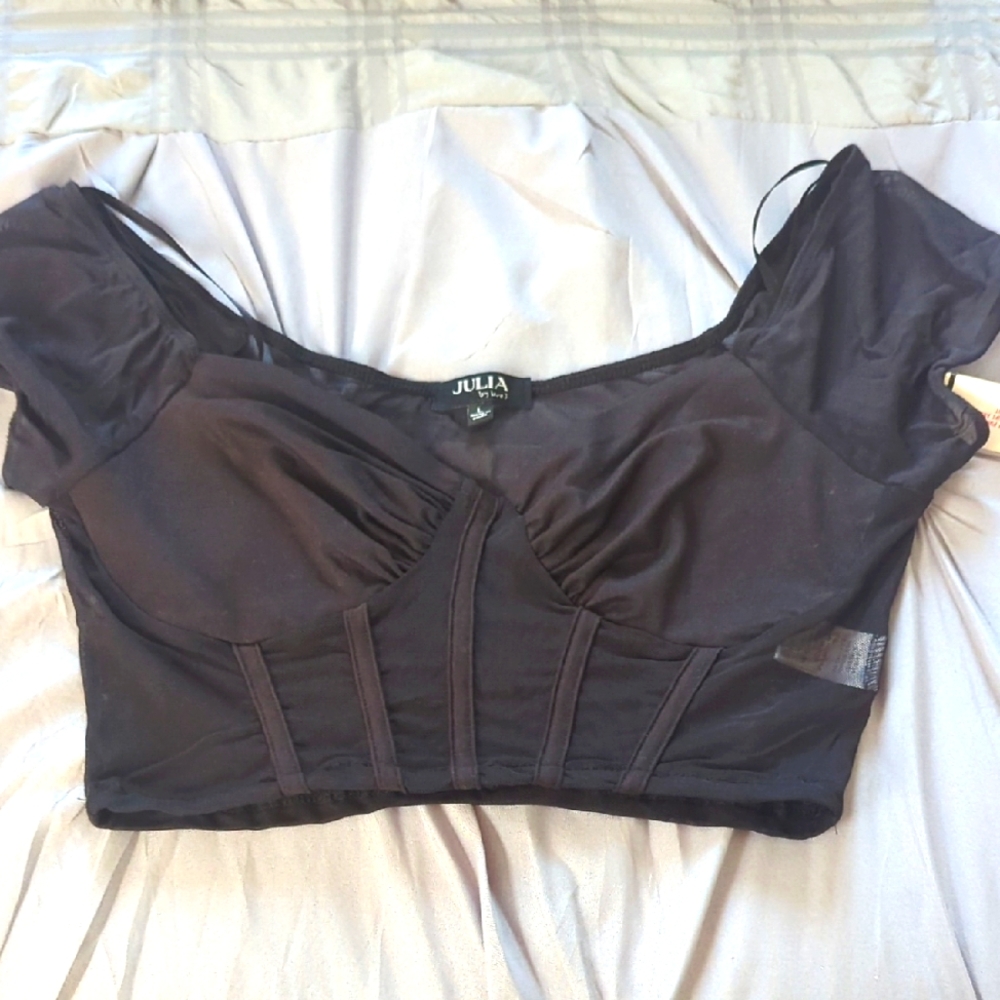 Women's Black Sheer V neck Crop Top Size L NWT